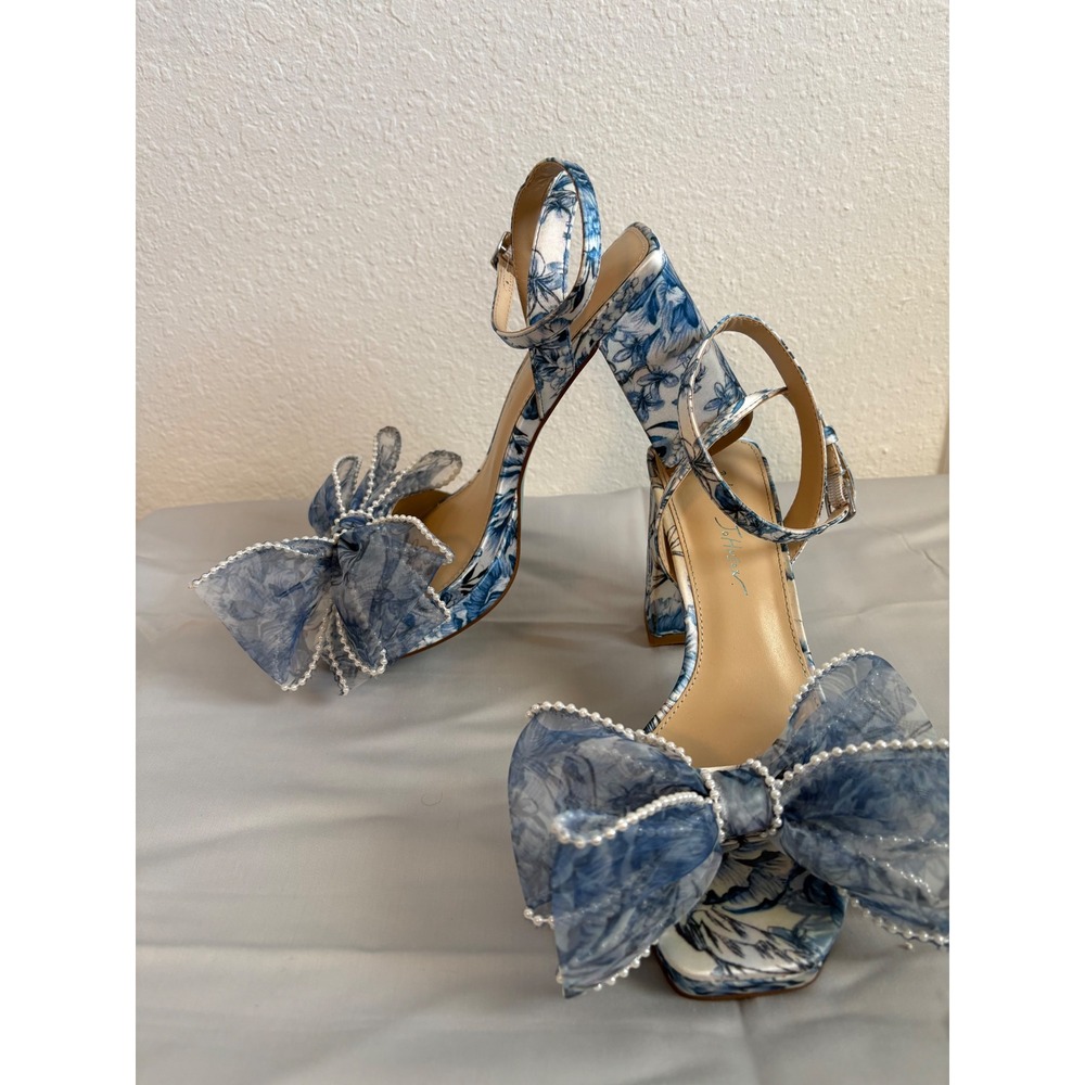 Betsey Johnson 7.5 SB-Duke platform block heels floral blue white open toe bow - Picture 8 of 12